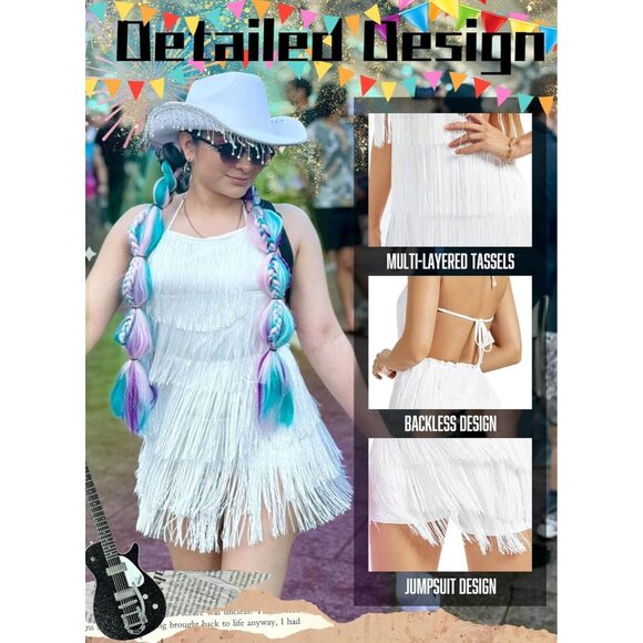 🆕 Women White Fringe Dress Jumpsuit Sexy Western Country Concert Tassel Romper - Picture 3 of 7